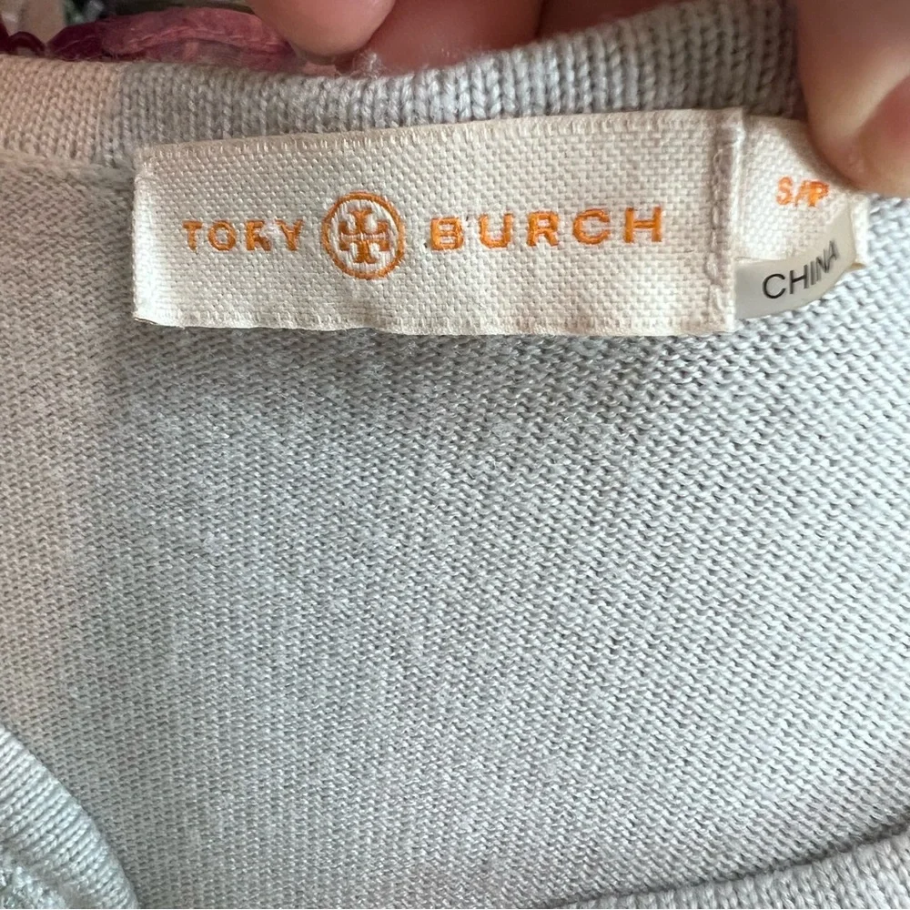 TORY BURCH Luxury Double T-Chain Detail Sage Green/Gray Wool Keyhole Sweater, S